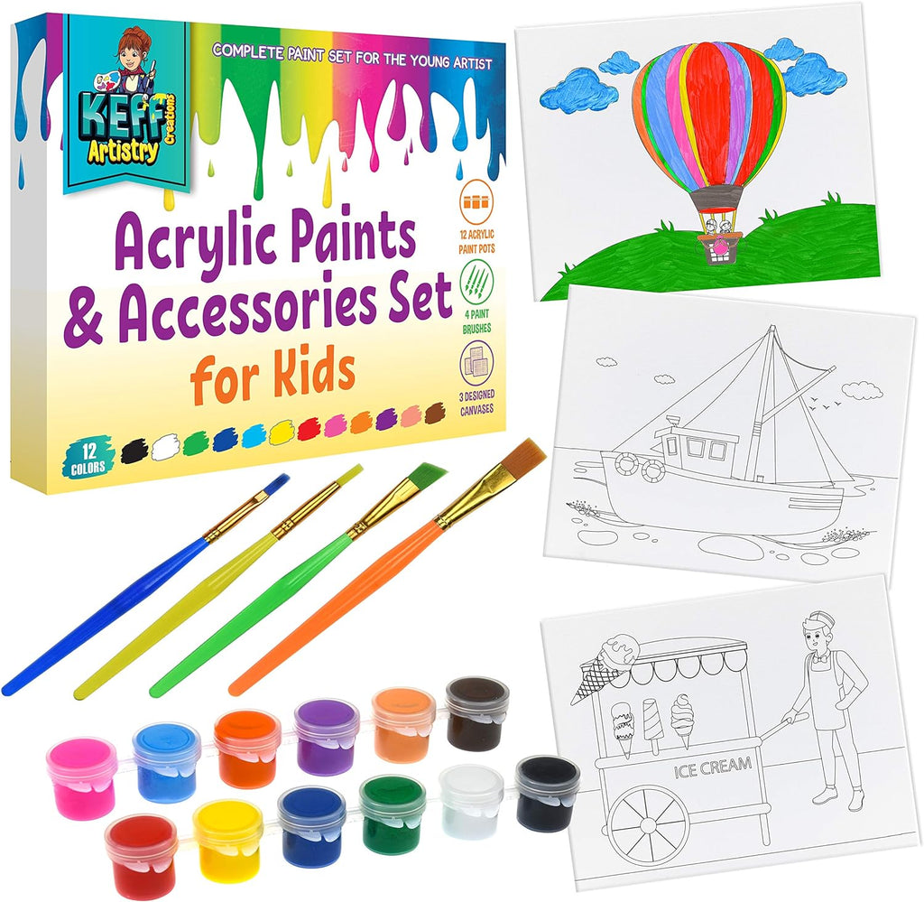 Acrylic Paint kit for Kids – 19 Piece Kids Acrylic Paint Set 12 nontoxic Acrylic Paint pots, 3 pre-Designed canvases, 4 paintbrushes Ultimate Kids Art Paint kit Craft Supplies Set