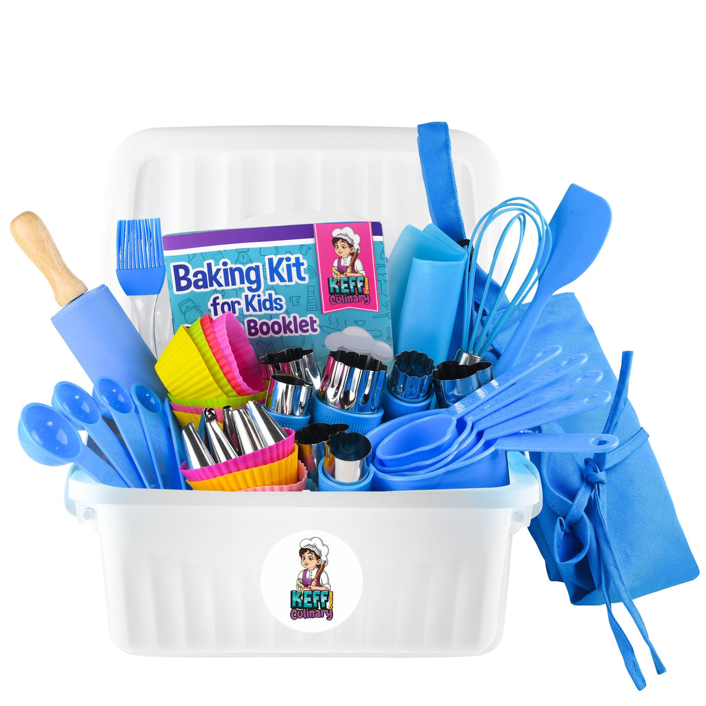 KEFF Kids Cooking and Baking Set for Girls and Boys - Baking Kit with Apron, Piping Tips, Cookie Cutters & More Real Kitchen Tools & Utensils for Little Pastry Chefs - Blue