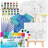 Kids Painting Set - Acrylic Paint Set for Kids - Art Supplies Kit  with Canvases, Non Toxic Paints, Wooden Easel, Paint Brushes, Palette & Blue Smock for Boys